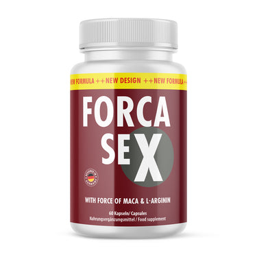 Rote Kunststoffdose mit Aufschrift FORCA SEX mit 60 Kapseln und Schrift Maca und L-Arginin